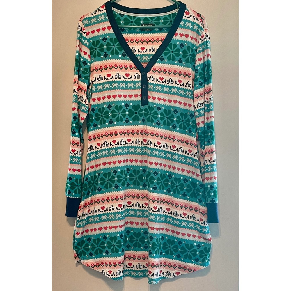 Kate Spade New York Teal Fair Isle Heart Spade Henley Nightgown Sleep Shirt M
